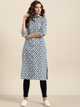 Cargar imagen en el visor de la galería, Sangria Women Blue &amp; Grey Pure Cotton Geometric Printed Kurta