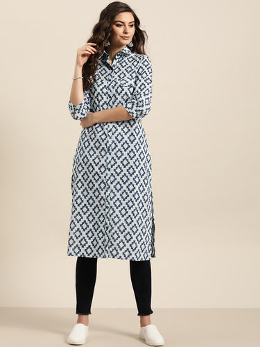 Sangria Women Blue & Grey Pure Cotton Geometric Printed Kurta