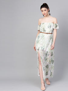 Off-White & Green Floral Printed Maxi Dress