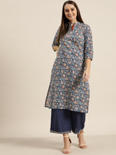 Cargar imagen en el visor de la galería, Sangria Women Blue &amp; Grey Pure Cotton Geometric Printed Kurta