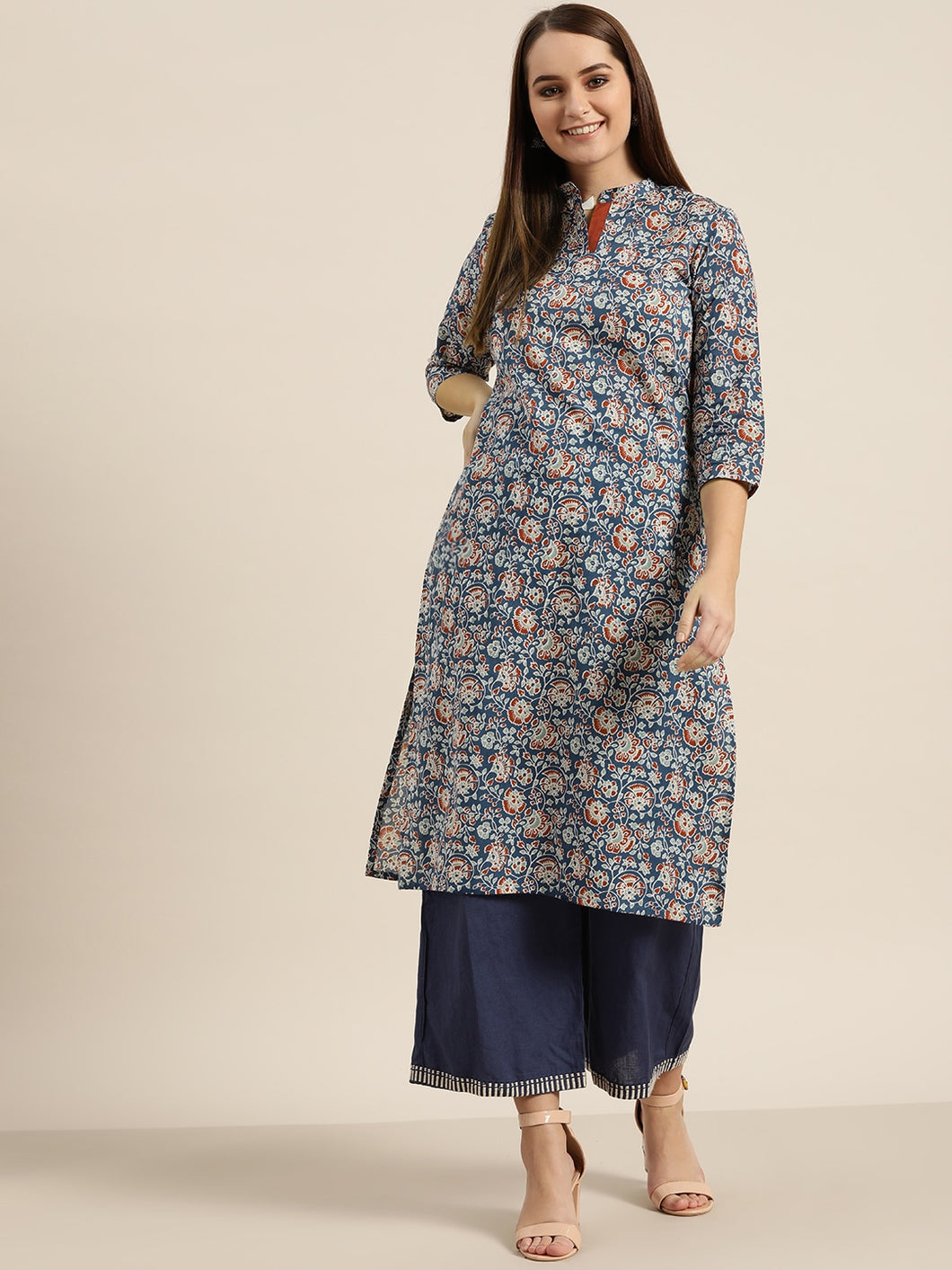 Sangria Women Blue & Grey Pure Cotton Geometric Printed Kurta