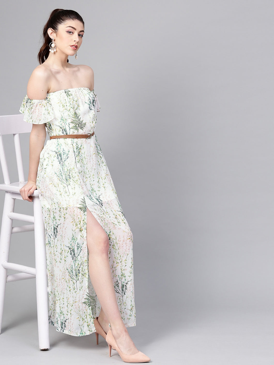 Off-White & Green Floral Printed Maxi Dress